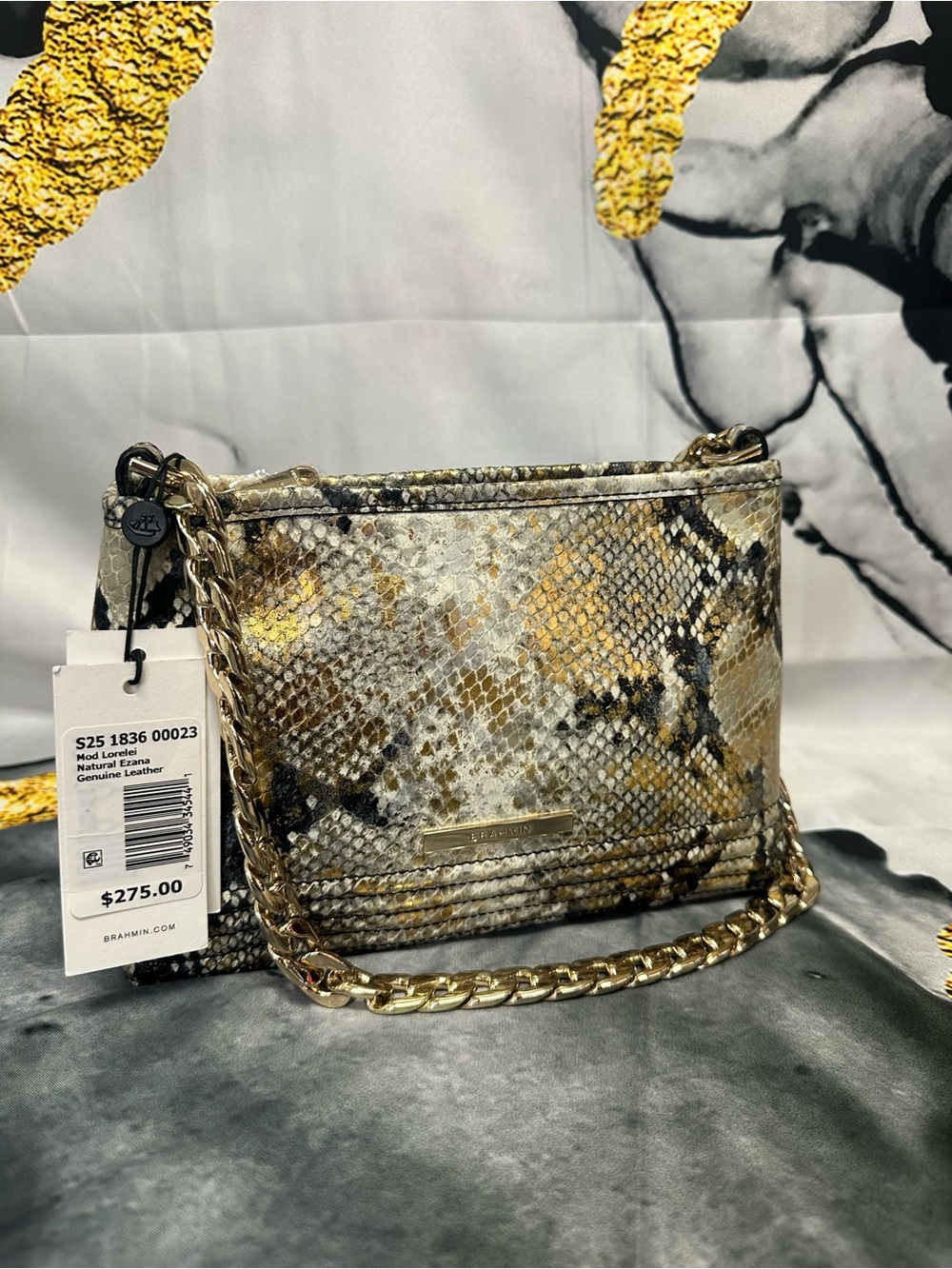 Brahmin Snake-Print Leather Crossbody Bag with Gold Chain